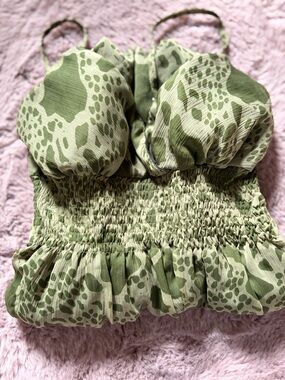 Green Printed Smocked Bustier Crop Top